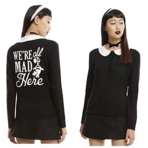 Disney Peter Pan Collar We Are All Mad Here Alice In Wonderland Cardigan Sweater - Picture 1 of 6